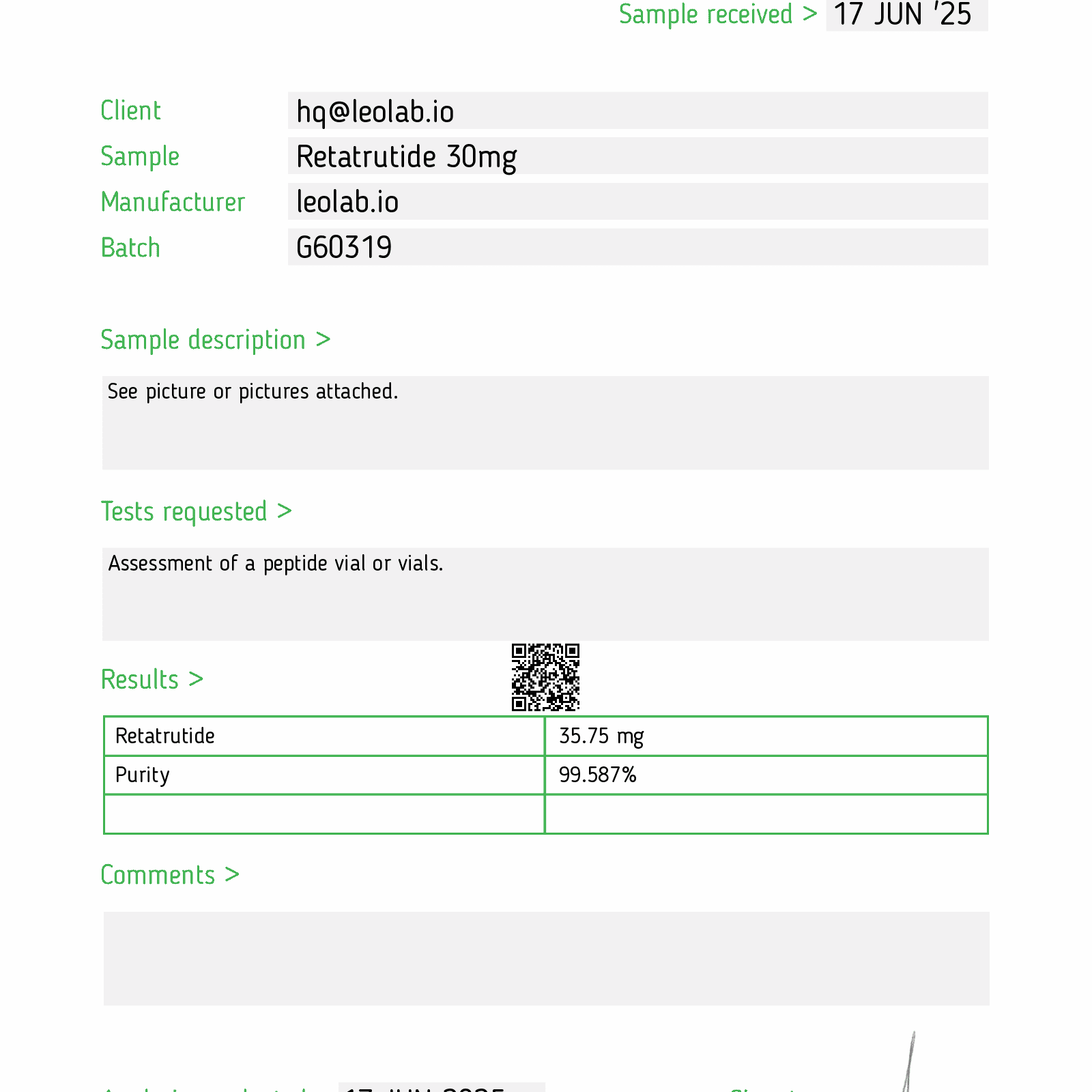 Retatrutide 30mg 3-rd party test report Leolab