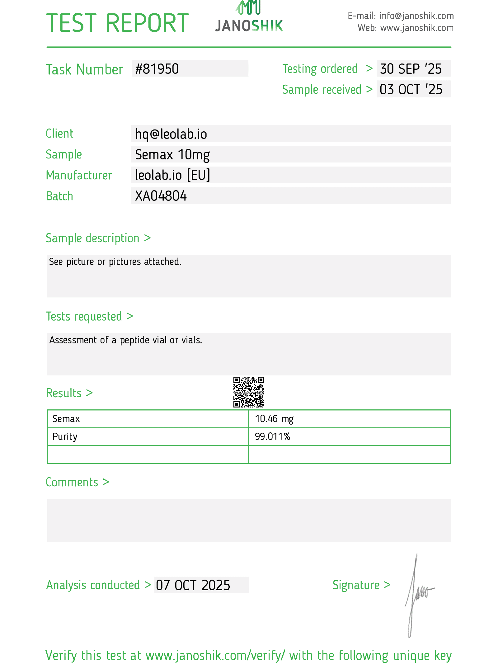 Semax 3rd party test results